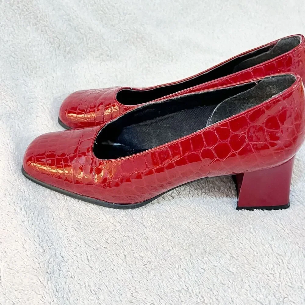 Vtg 80/90s Paul De LaGrange Women Red Pump Block Heel 36 Square Toe Retro France